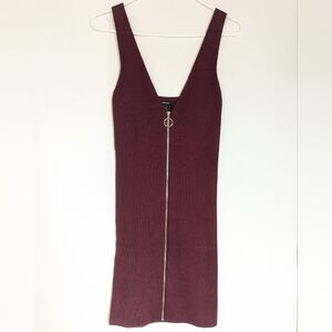 Forever 21 Small Burgundy Knit Sweater Mini Dress Full Zip V-Neck